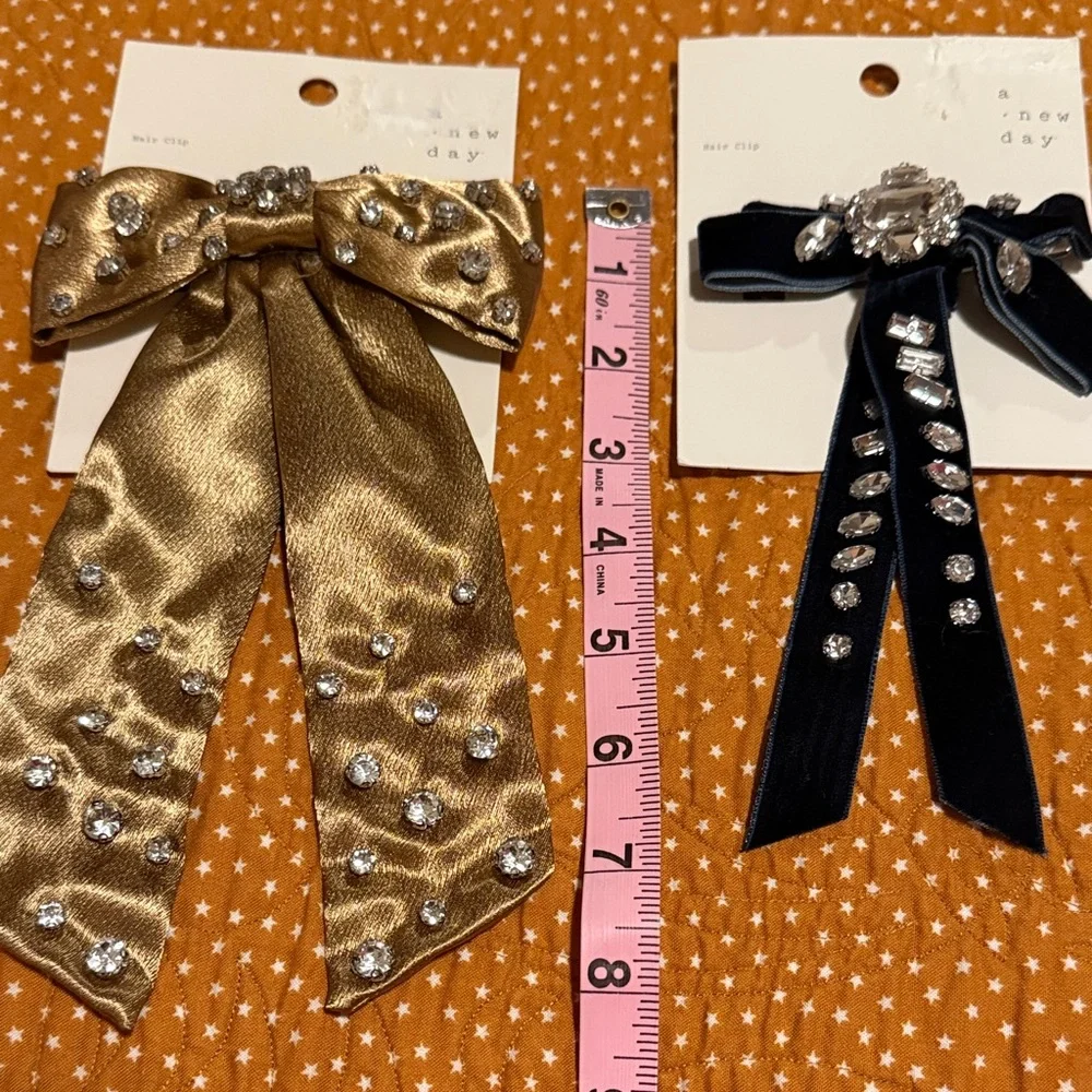 a new day Gold and Green Satin Bow Hair Clips with Rhinestone Accents